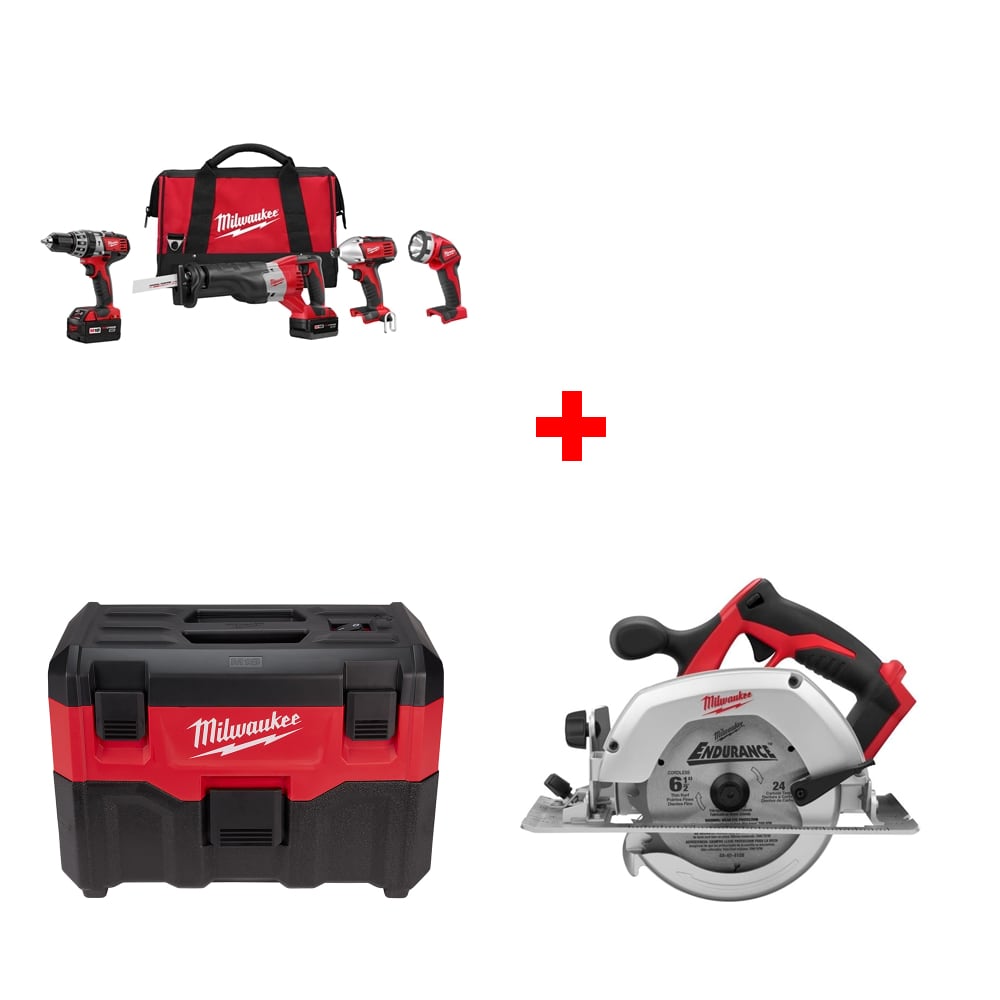 Milwaukee 2696-24 M18 4-Tool Combo Kit w/ FREE 0880-20 Wet/Dry Vacuum & Circ Saw