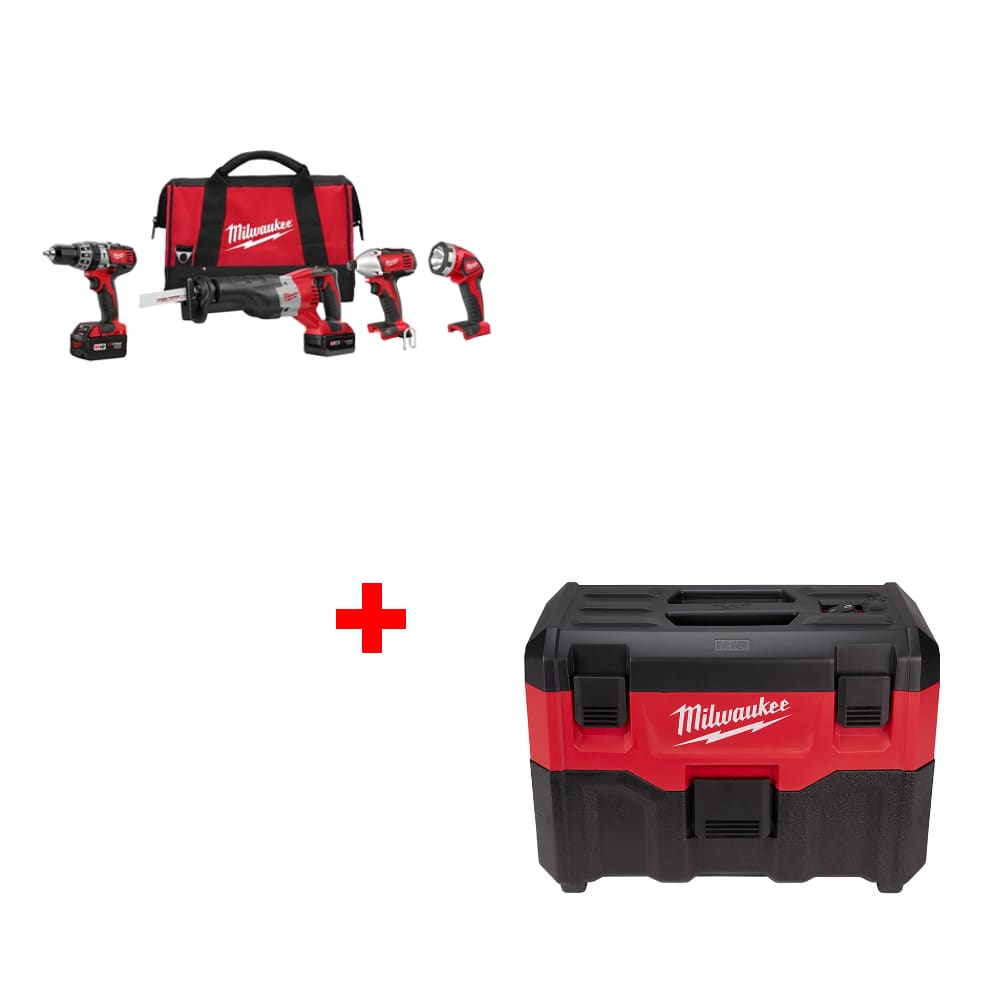 Milwaukee 2696-24 M18 4-Tool Combo Kit w/ Two FREE 0880-20 18V Wet/Dry Vacuums