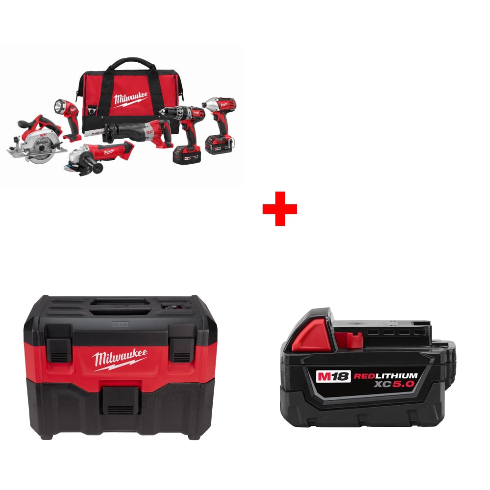 Milwaukee 2696-26 M18 6-Tool Combo Kit w/ FREE 0880-20 Wet/Dry Vacuum & Battery