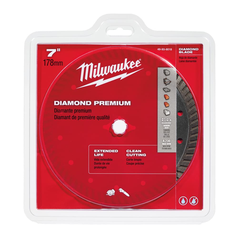 Milwaukee 49-93-8018 7" Premium Continuous Turbo Diamond Saw Blade, 5/8"-7/8" Arb. Concrete, Brick, Block, Asphalt