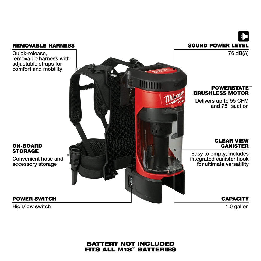 Milwaukee 0885-20 M18 FUEL 3-in-1 Backpack Vacuum - 7