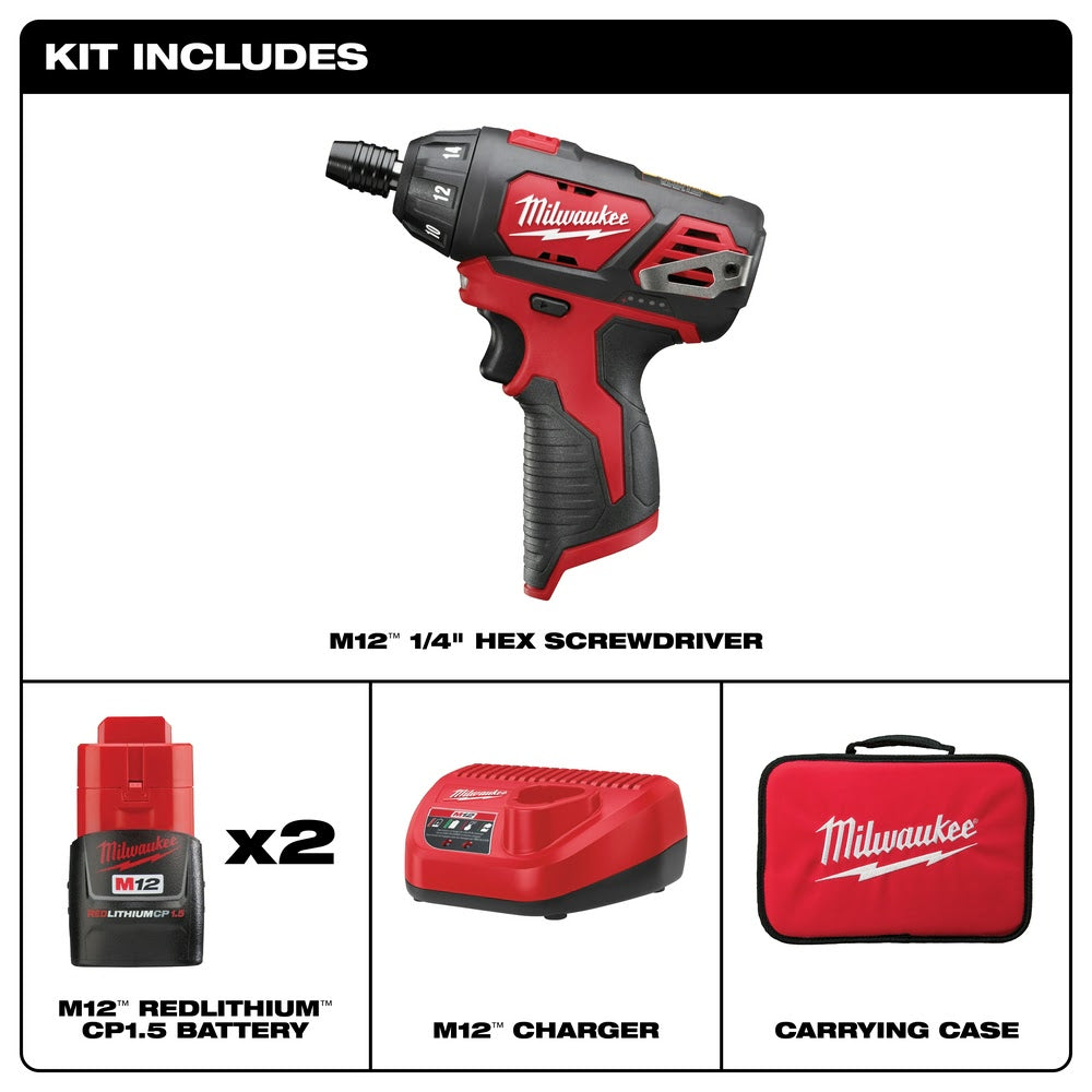 Milwaukee 2401-22 M12 Lithium-Ion 12V 1/4" Hex Screwdriver Kit - 2