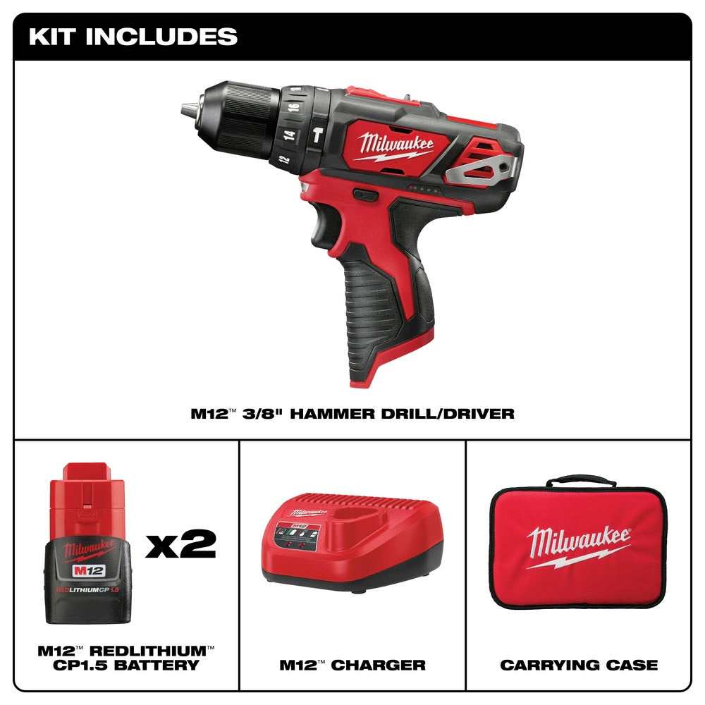 Milwaukee 2408-22 M12 3/8” Hmr Drill/Driver Kit - 2