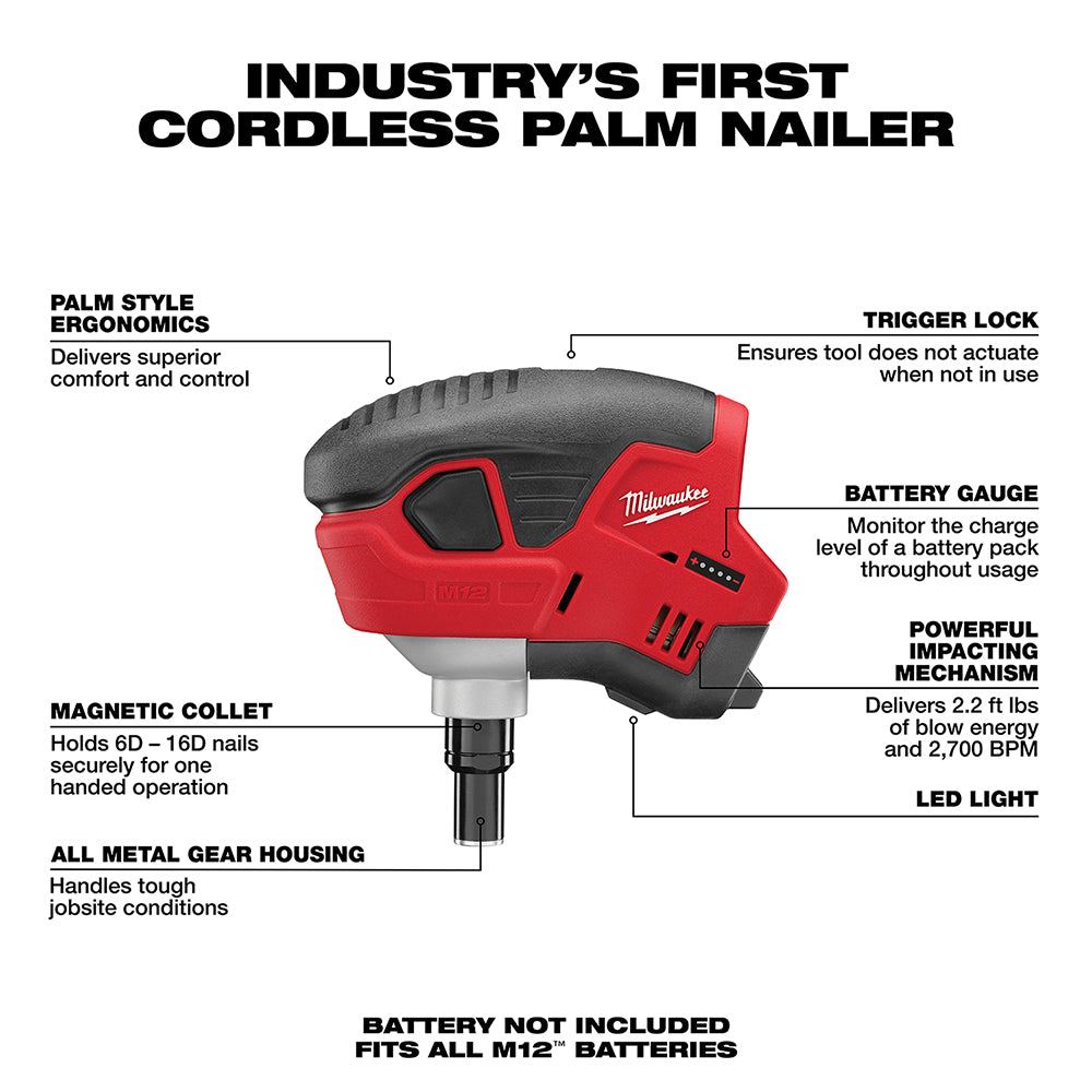 Milwaukee 2458-20 M12™ PALM NAILER TOOL ONLY - 2