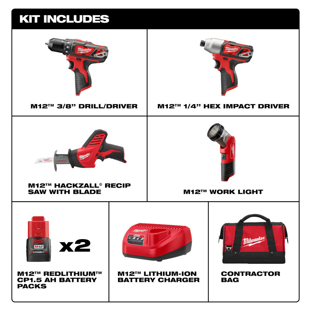 Milwaukee 2498-24 M12™ 4 - Tool Combo Kit with Drill, Impact, Hackzall™ & Flashlight - 2