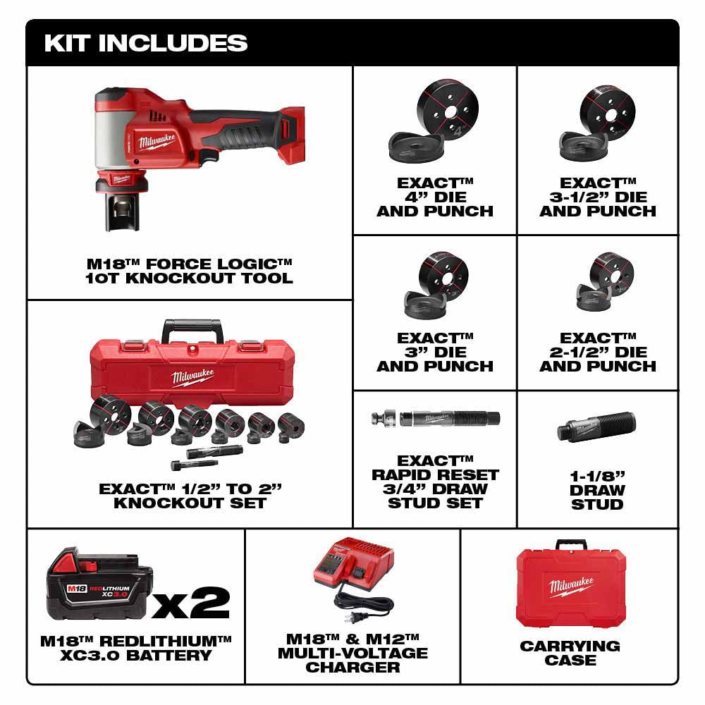 Milwaukee 2676-23 FORCELOGIC M18 10-Ton Knockout Tool 1/2" to 4" Kit - 2