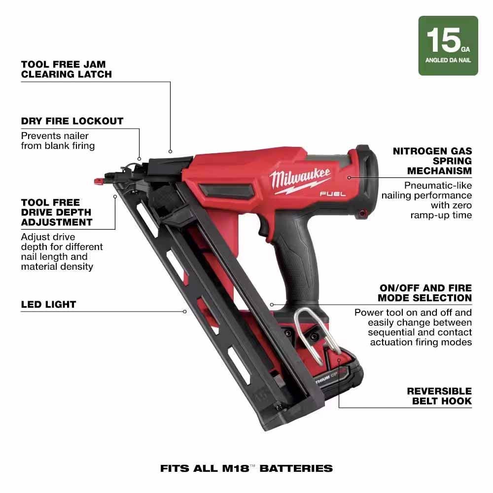 Milwaukee 2839-21HO M18 FUEL Lithium-Ion Brushless Cordless Gen II 15-Gauge Angled Finish Nailer With M18 with 3.0Ah Battery and Charger - 2