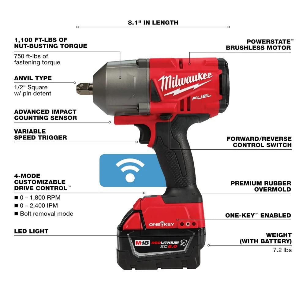 Milwaukee 2862-22R M18 FUEL  w/ ONE-KEY High Torque Impact Wrench 1/2" Pin Detent Kit - 2