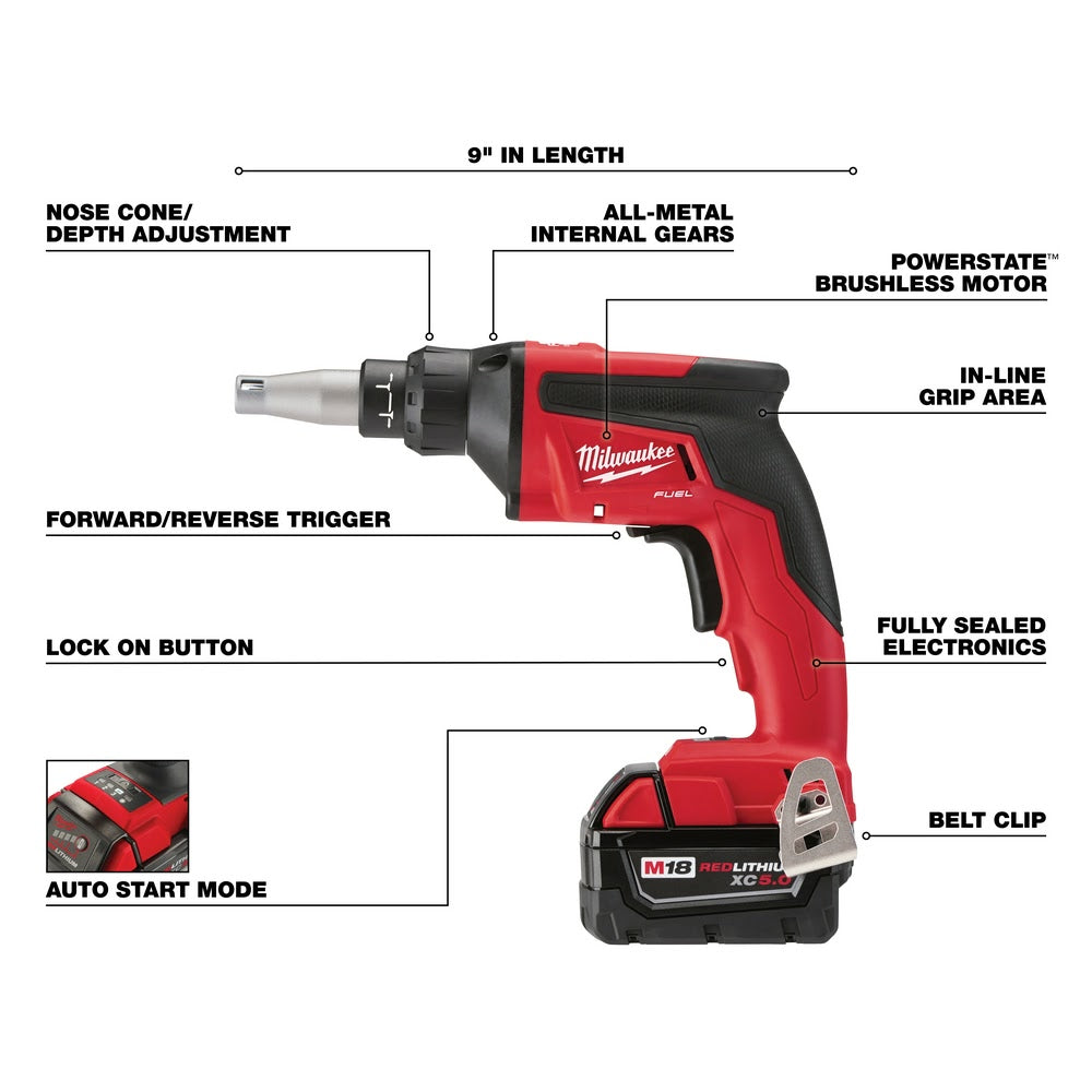 Milwaukee 2866-22 M18 FUEL Drywall Screw Gun Kit with High Capacity Batteries - 4