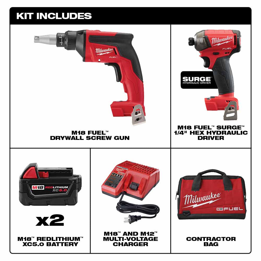 Milwaukee 2896-22 M18 FUEL Drywall Screw Gun / Impact Combo Kit with XC Batteries - 2