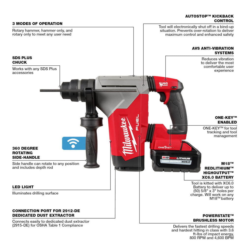 Milwaukee 2915-22DE M18 FUEL 1-1/8” SDS Plus Rotary Hammer Kit With Dedicated Dust Extractor - (2) XC6.0 Battery Pack - 2