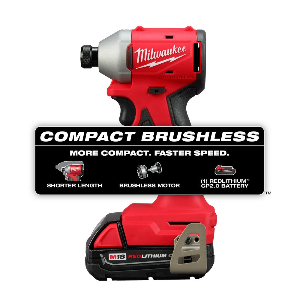 Milwaukee 3650-21P M18 Compact Brushless 1/4" Hex Impact Driver Kit - 2