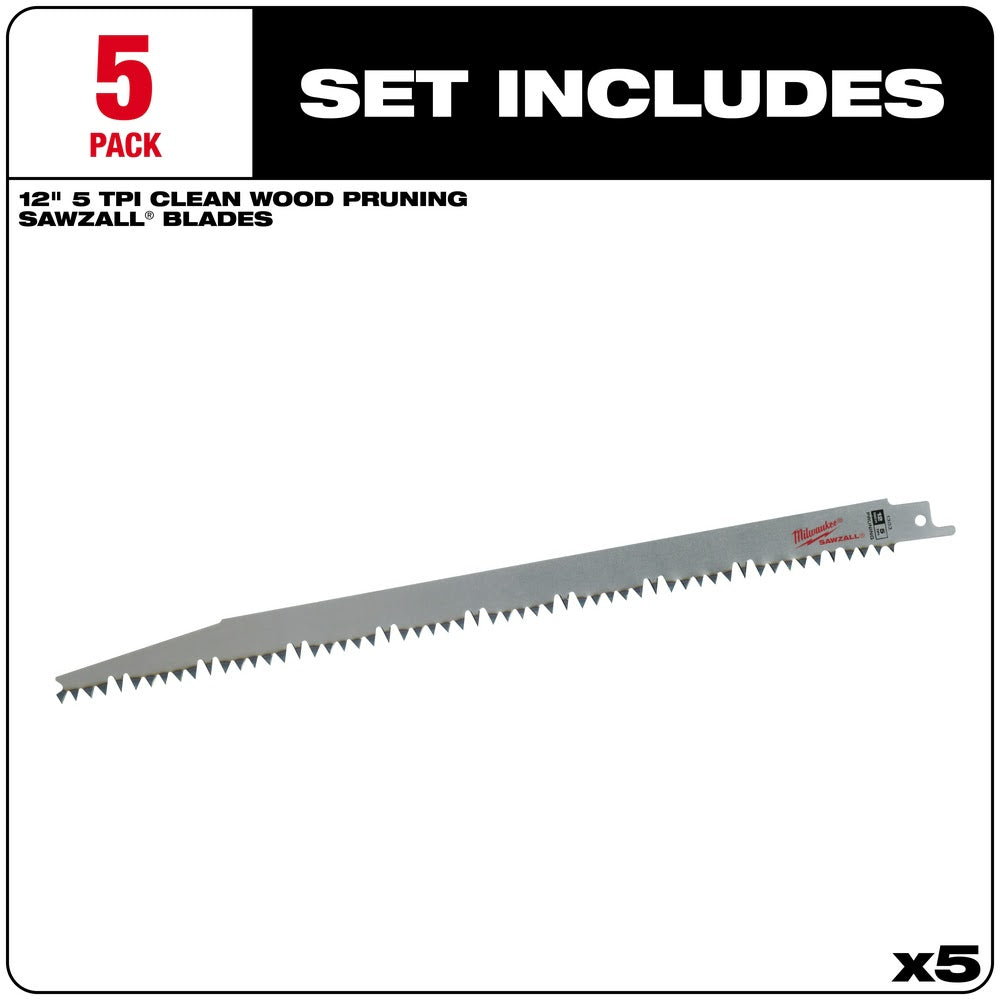 Milwaukee 48-00-1303 12" x 5TPI Wood Pruning Sawzall Blade 5-Pack - 2