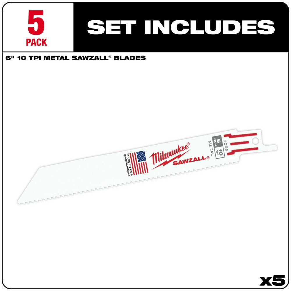 Milwaukee 48-00-5092 6" x 10TPI Bi-Metal Super Sawzall Blade 5-Pack - 2