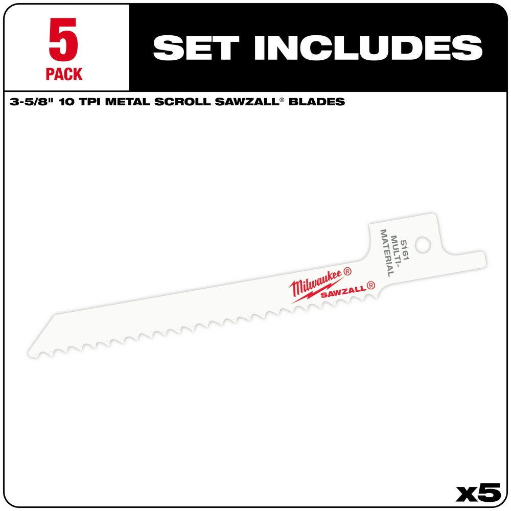 Milwaukee 48-00-5161 3-5/8" x 10TPI Bi-Metal Super Sawzall Blade - 2