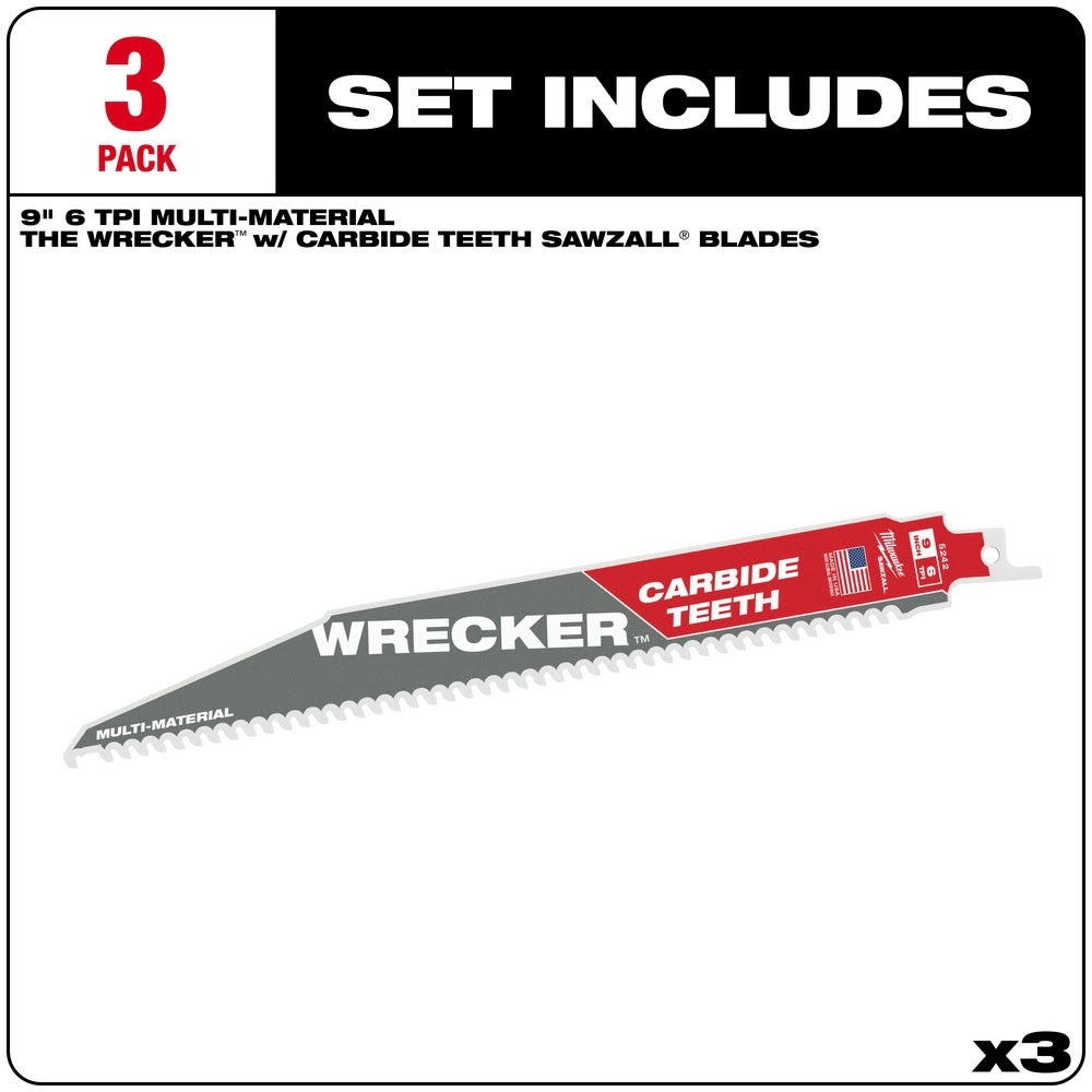 Milwaukee 48-00-5342 9" 6 TPI THE WRECKER™ with Carbide Teeth SAWZALL® Blade 3PK - 2