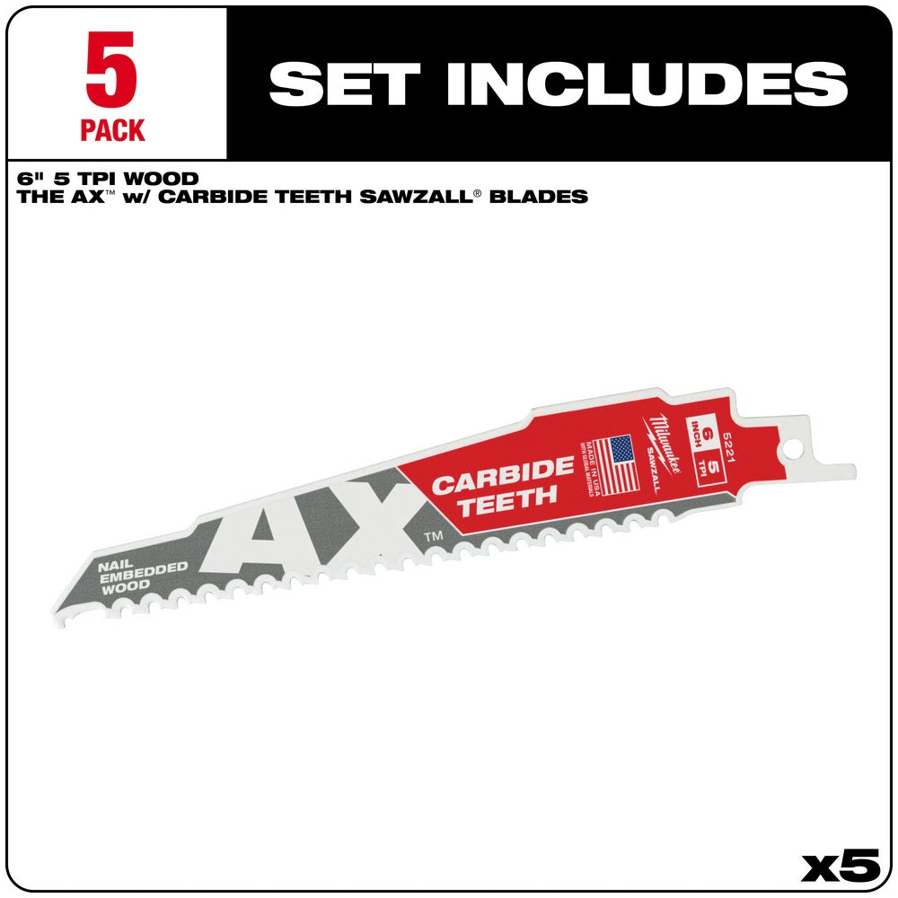 Milwaukee 48-00-5521 6" 5TPI AX with Carbide Teeth Sawzall Blade, 5 Pack - 2