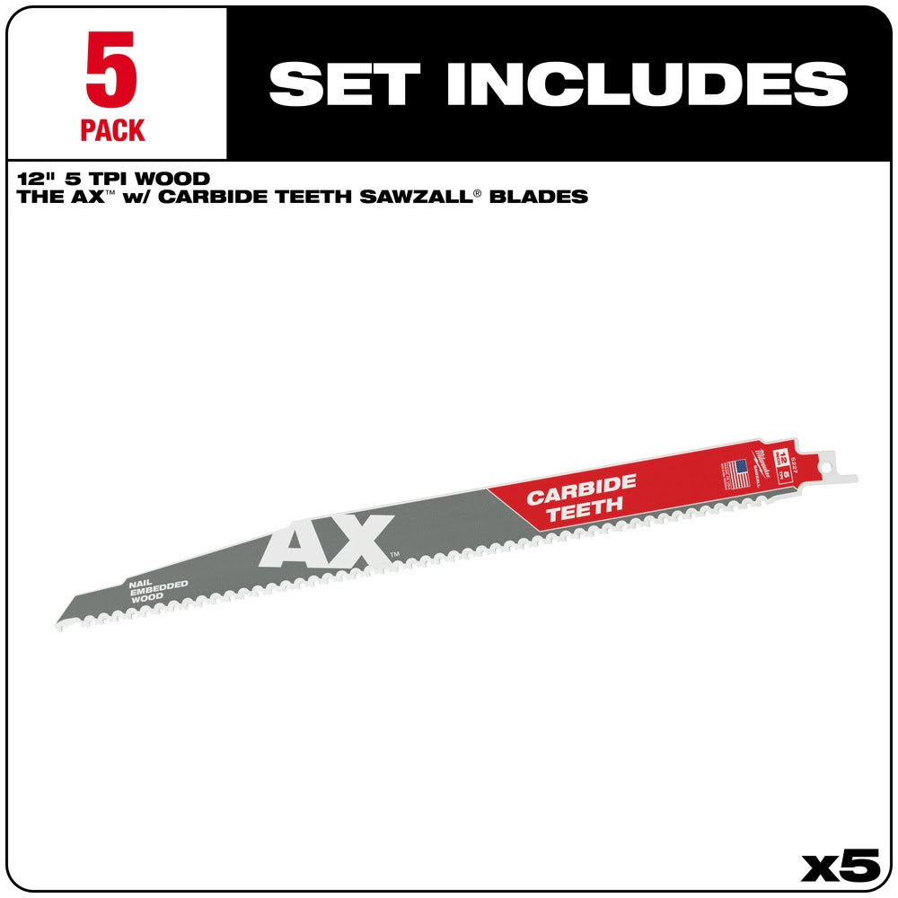 Milwaukee 48-00-5527 12" 5TPI AX with Carbide Teeth Sawzall Blade, 5 Pack - 2