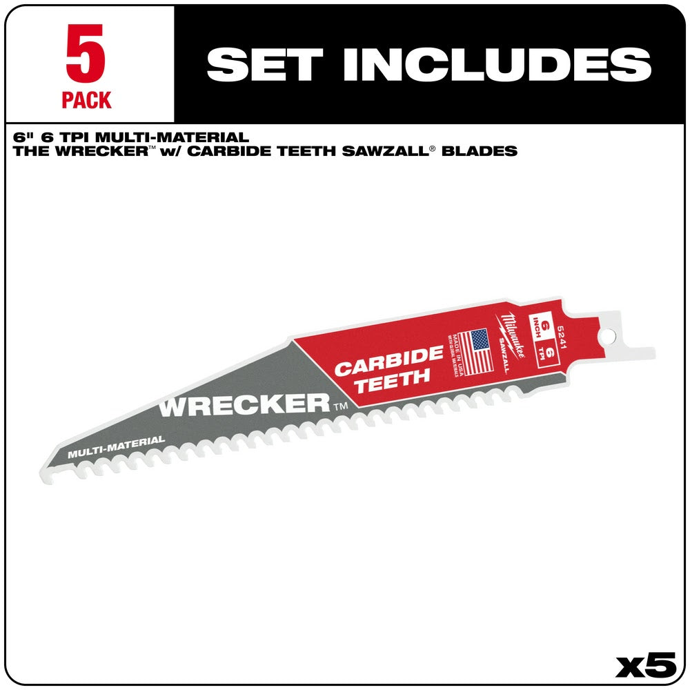 Milwaukee 48-00-5541 6" 6 TPI THE WRECKER™ with Carbide Teeth SAWZALL® Blade 5PK - 2