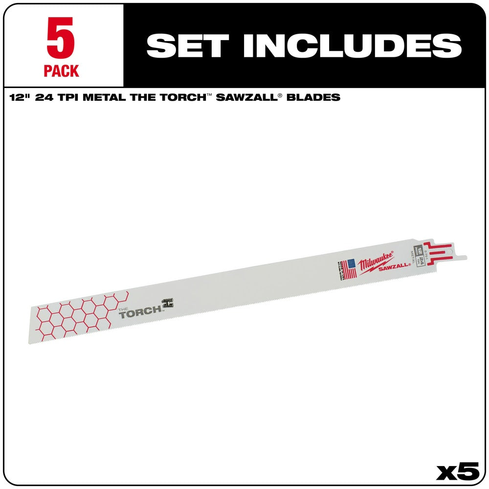 Milwaukee 48-00-5791 Super Sawzall Blade 24 Teeth per Inch 12-Inch Length, Torch, 5 Pack - 2