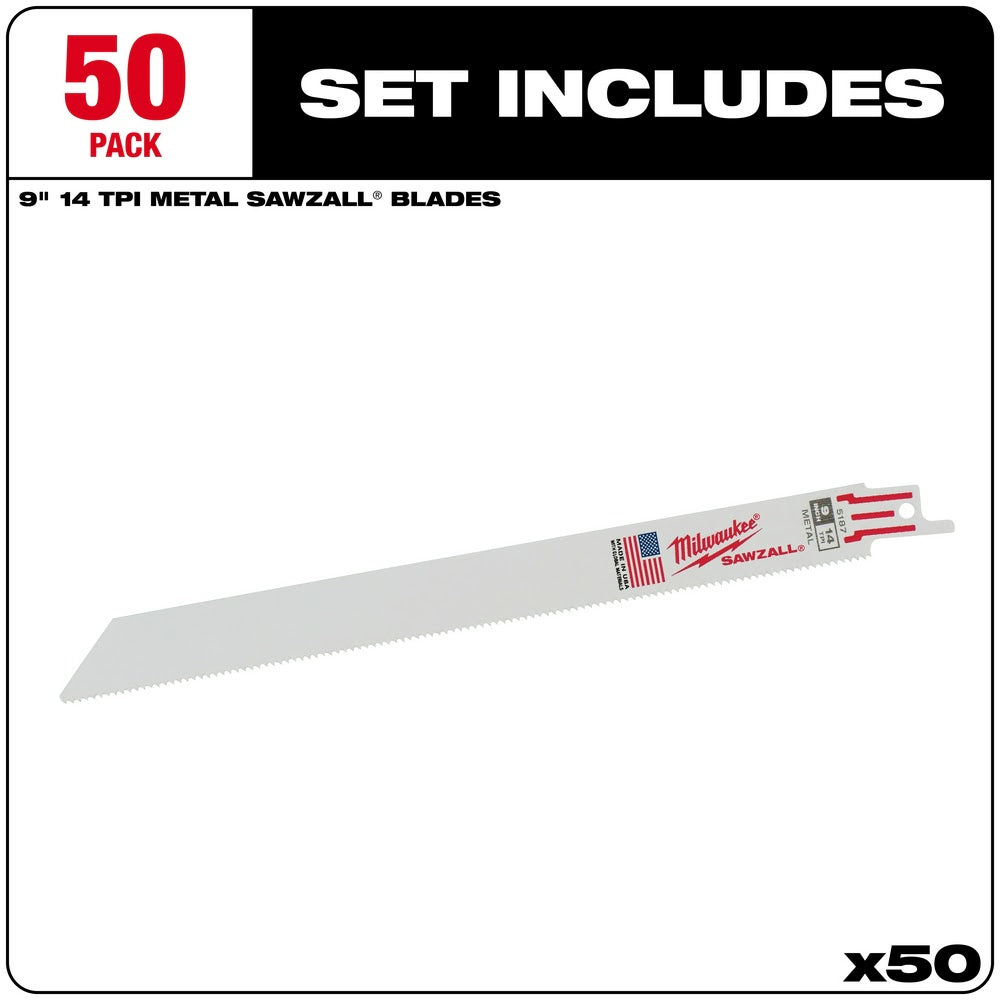 Milwaukee 48-01-6187 9" x 14TPI Bi-Metal Super Sawzall Blade (50 Pack) - 2