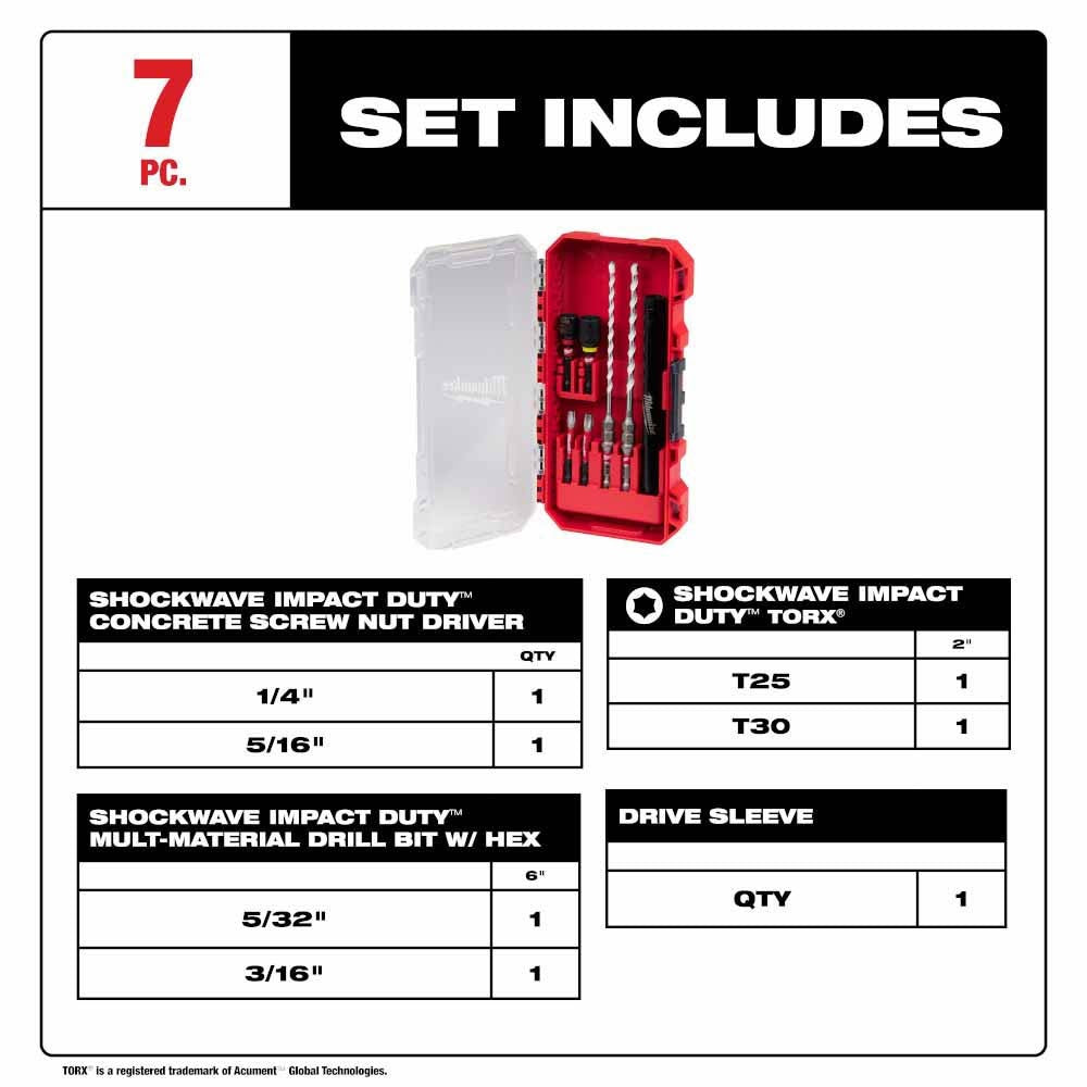 Milwaukee 48-20-8877 SHOCKWAVE Impact Duty Carbide Multi-Material Drill Bit Screw Install Set - 7PC - 2