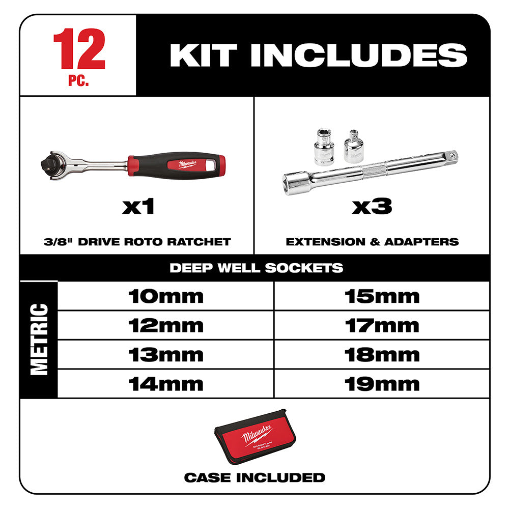 Milwaukee 48-22-9001 12 Piece 3/8" Drive Metric Socket Set - 2