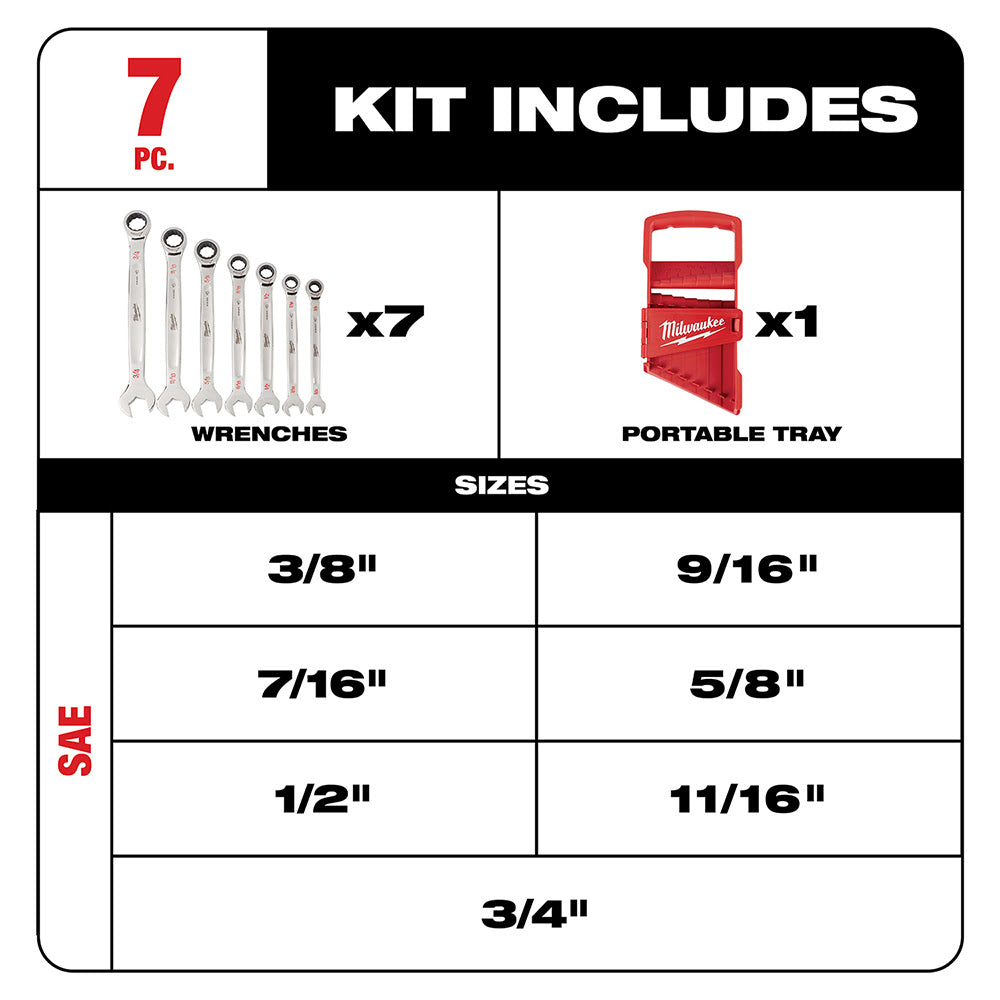 Milwaukee 48-22-9406 7 Piece Ratcheting Combination Wrench Set - SAE - 2