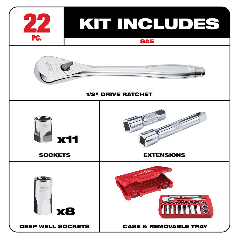 Milwaukee 48-22-9410 22 pc 1/2" Socket Wrench Set – SAE - 2