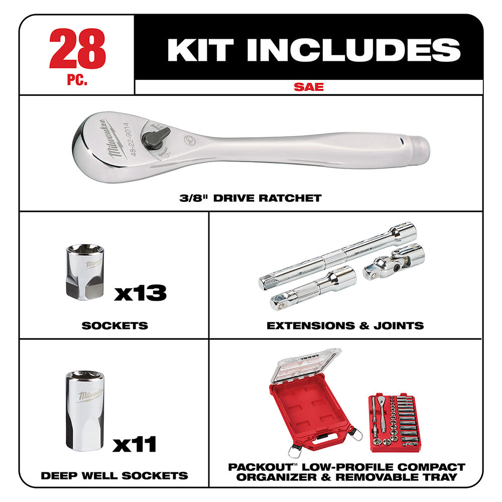 Milwaukee  48-22-9481 3/8” 28pc Ratchet and Socket Set in PACKOUT - SAE - 2