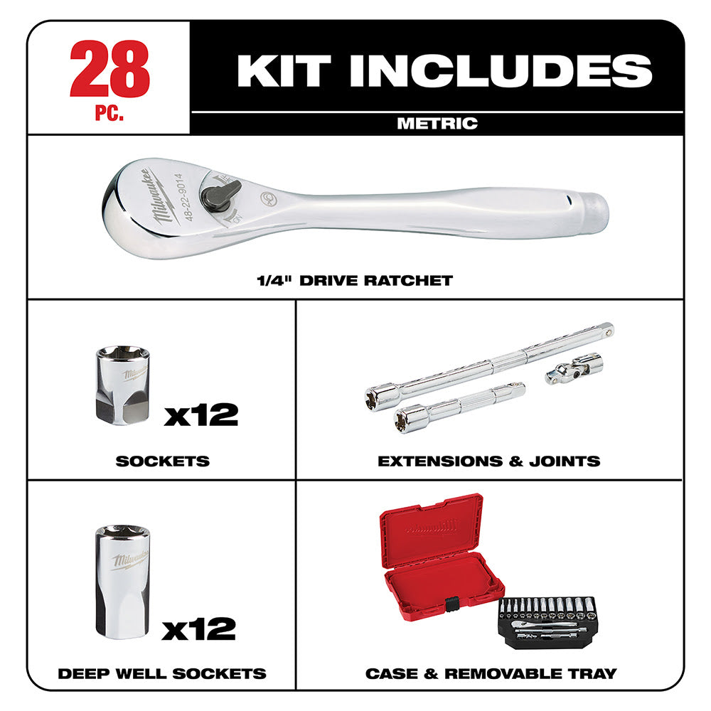 Milwaukee 48-22-9504 1/4" Drive 28 Piece Ratchet & Socket Set - Metric - 2