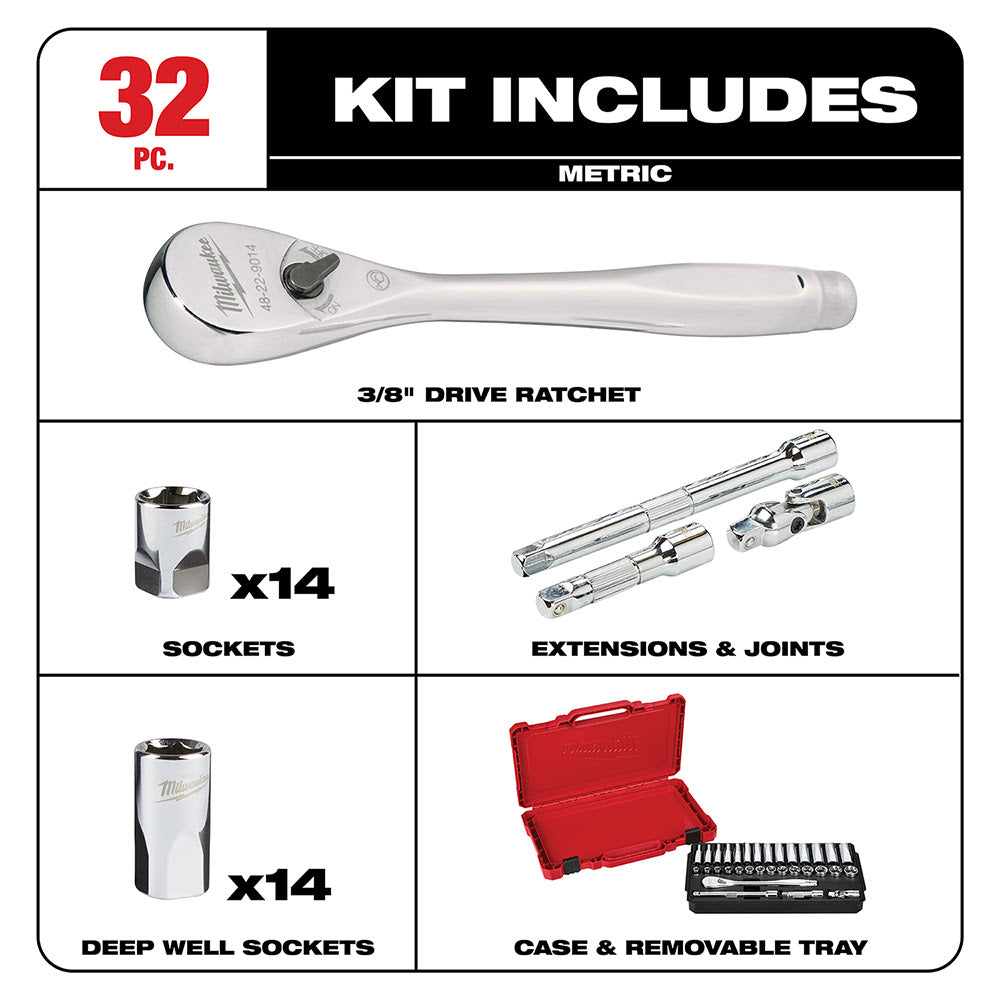 Milwaukee 48-22-9508 3/8" Drive 32 Piece Ratchet & Socket Set - Metric - 2