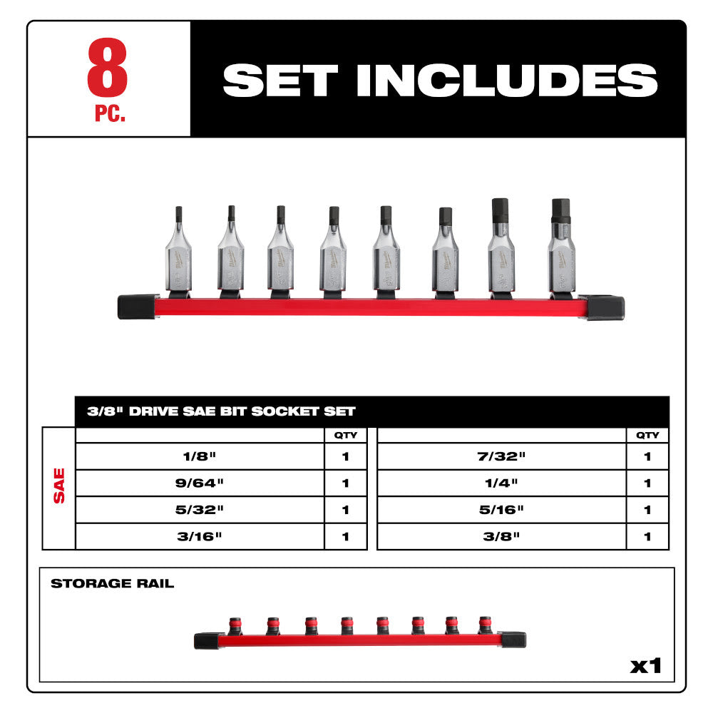 Milwaukee 48-22-9542 8pc 3/8" Drive Hex Bit Socket Set - SAE