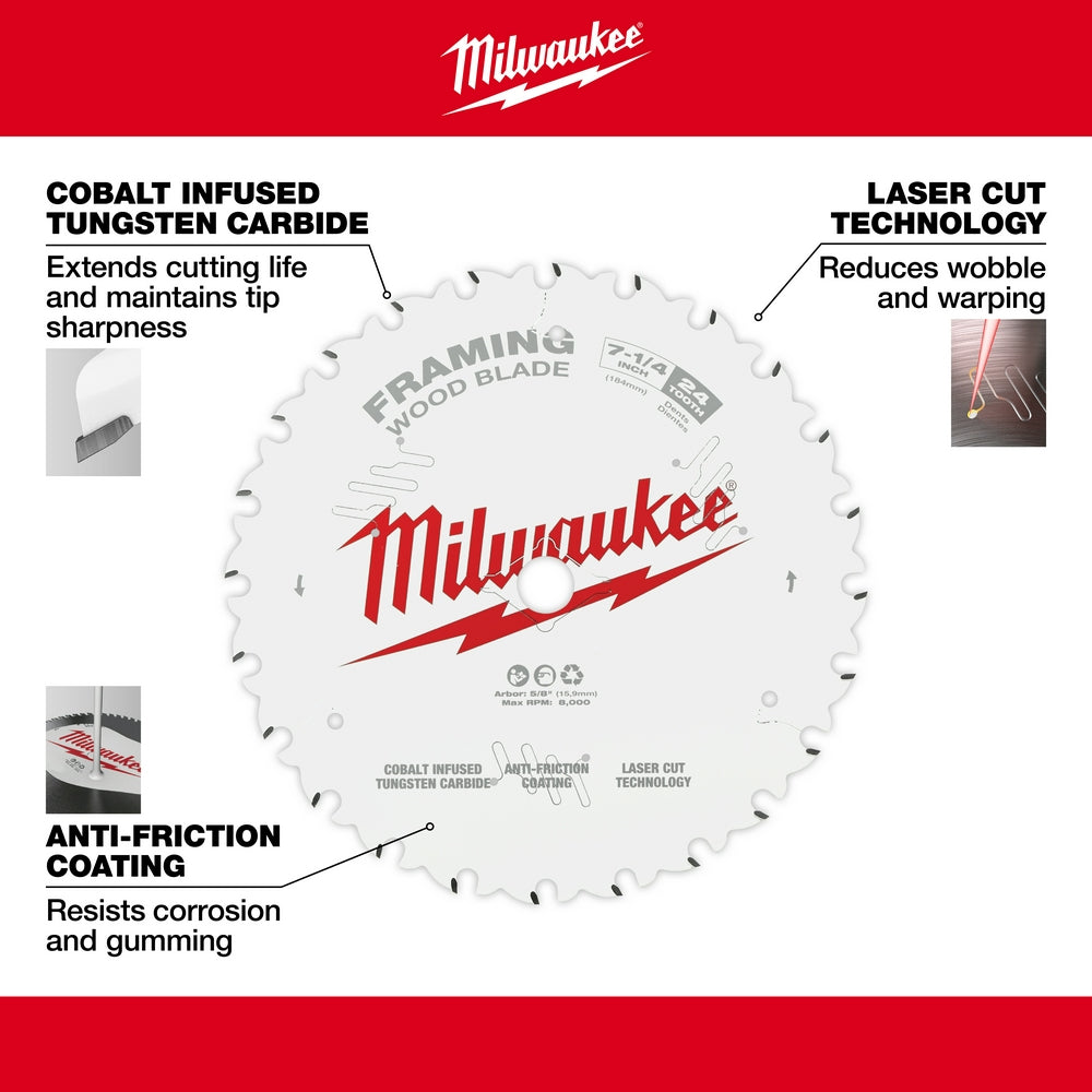 Milwaukee 48-40-0722 7-1/4" 24T Framing Circular Saw Blade-2PK