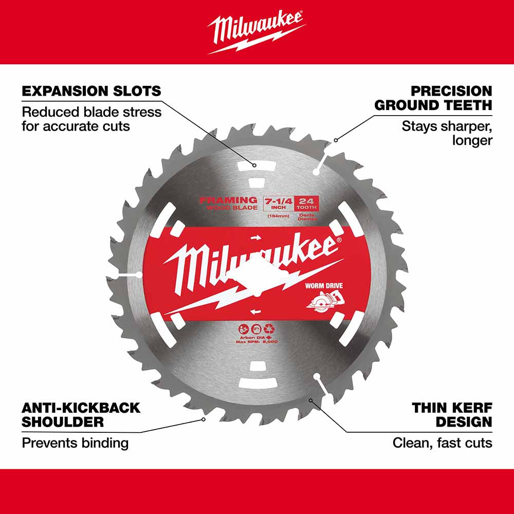 Milwaukee 48-41-0713 7-1/4" 24T Worm Drive Basic Framer Circular Saw Blades 10 PK - 4