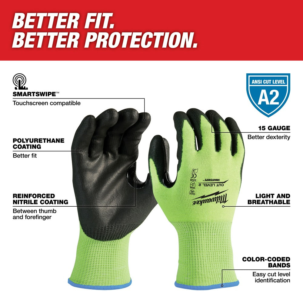 Milwaukee 48-73-8923B 12PK High Visibility Cut Level 2 Polyurethane Dipped Safety Gloves - X-Large - 2