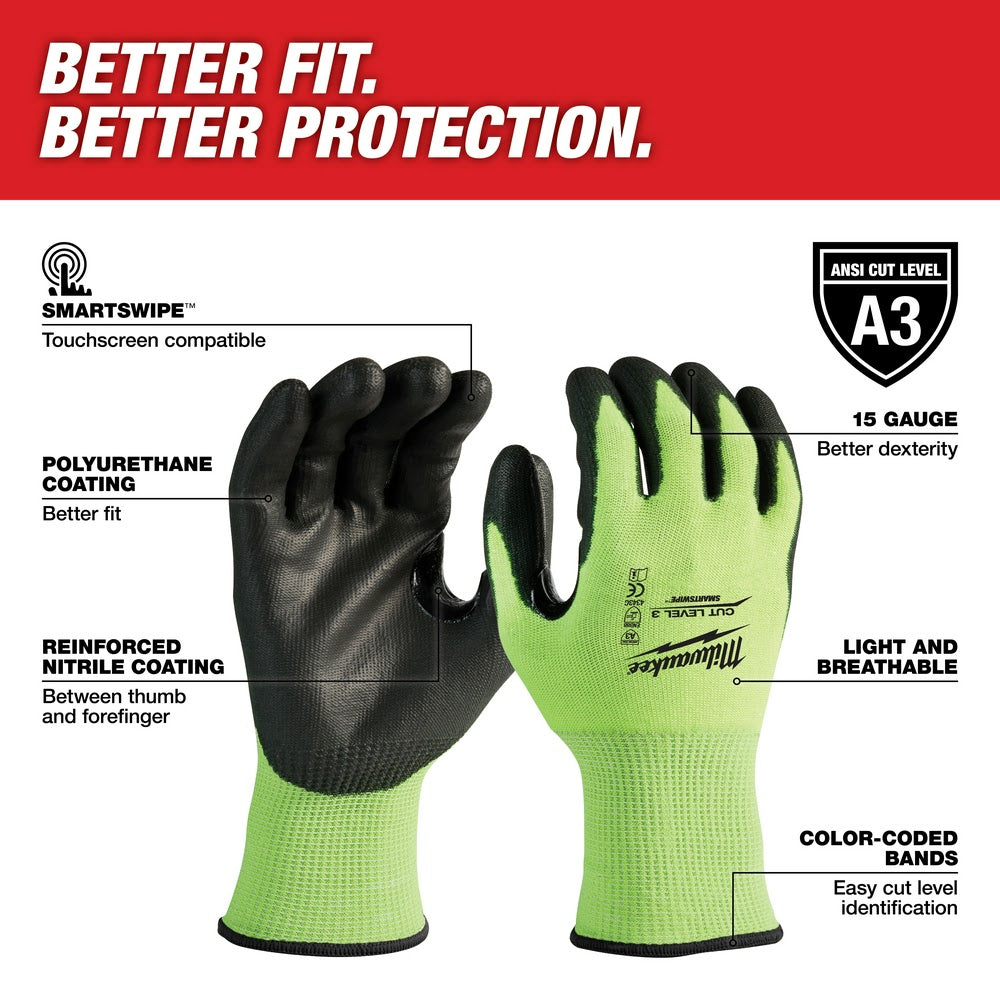 Milwaukee 48-73-8930B 12PK High Visibility Cut Level 3 Polyurethane Dipped Safety Gloves - Small - 2