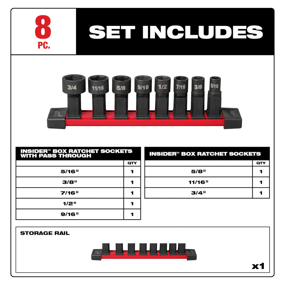 Milwaukee 49-16-1640 INSIDER Box Ratchet Socket SAE Set 8PC