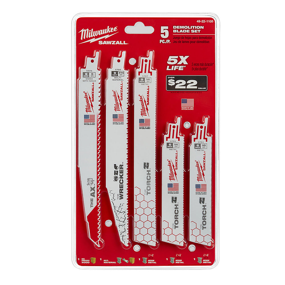 Milwaukee 49-22-1105 5 Piece Demolition Sawzall Blade Set, 6" / 9"