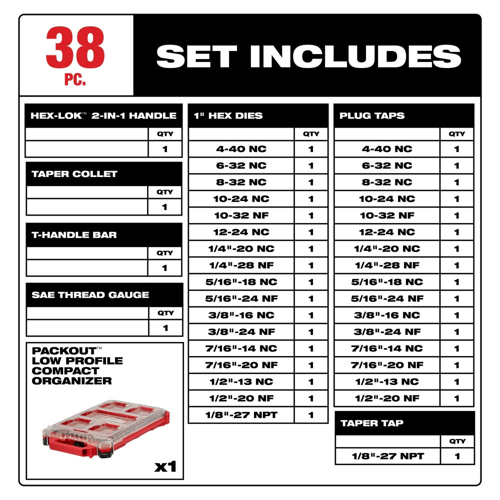 Milwaukee 49-22-5604 38PC SAE Tap & Die PACKOUT Set w/ Hex-LOK 2-in-1 Handle - 2