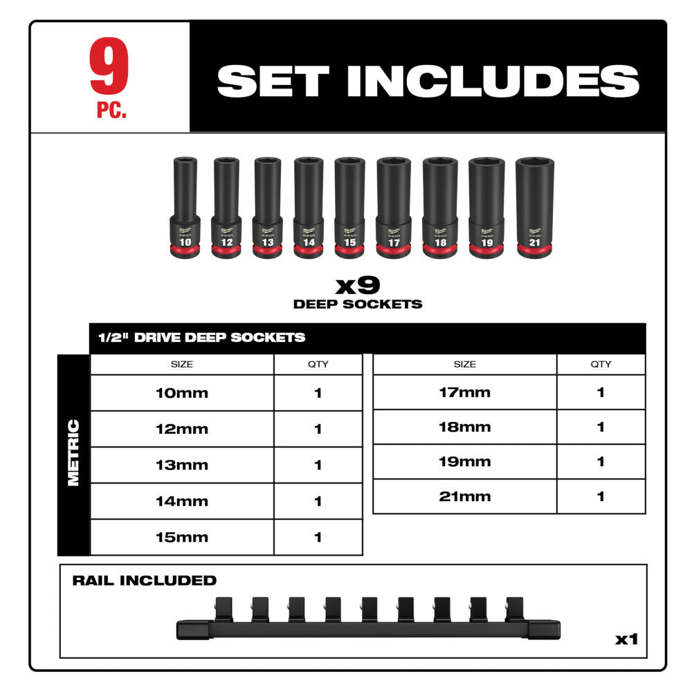 Milwaukee 49-66-7032 SHOCKWAVE 1/2" Drive Metric Deep Well 6 Point Impact Socket Set (9-Piece) - 6