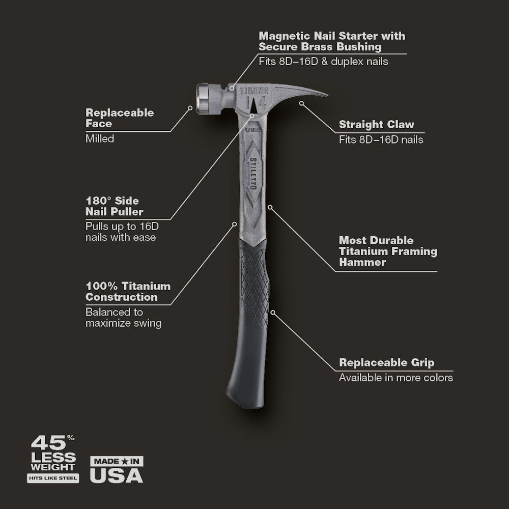 Stiletto TIB14RMC TIBONE 14oz Milled/Curved Titanium Framing Hammer - 2